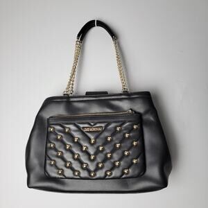 Love Moschino Black Studded Quilted Handbag Gold Chain Purse Heart Details